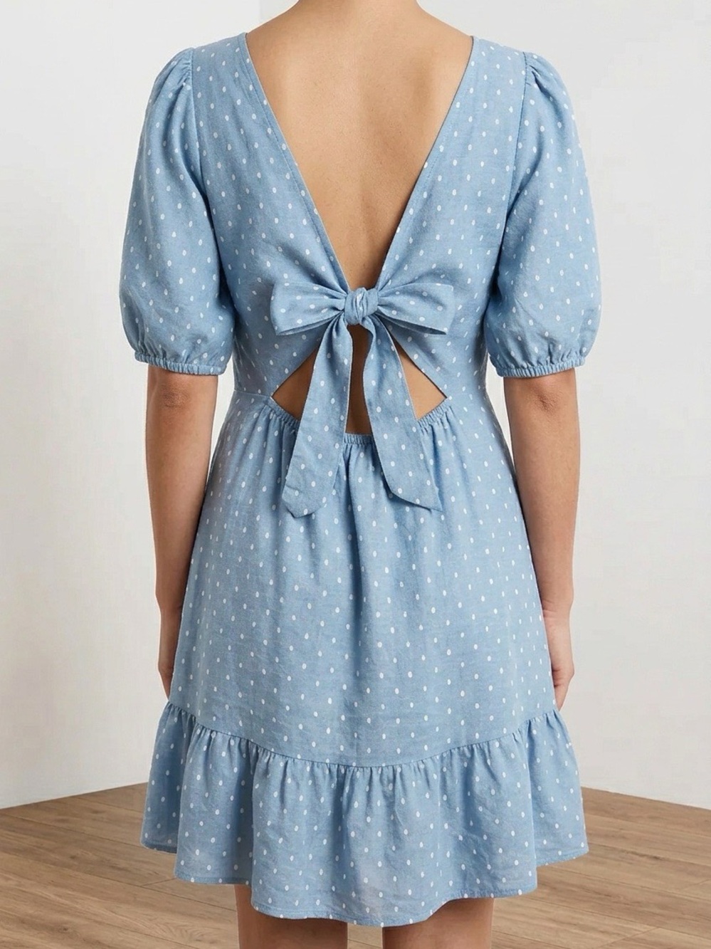 LOFT Cottagecore Blue Chambray Square-Neck Puff Sleeve Mini Dress Size 10 - Picture 2 of 9